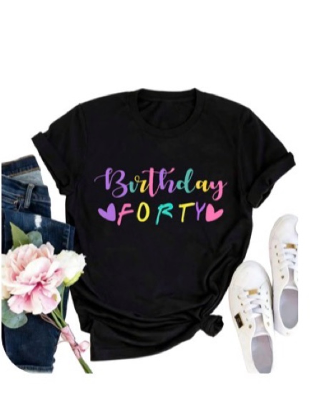 Birthday Forty Black Tee with Rainbow Script